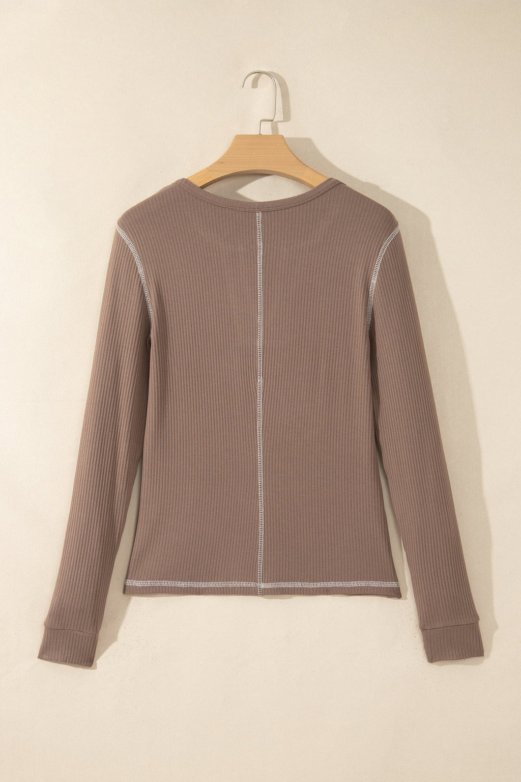 Dark Khaki V Neck Ribbed Stitched Detail Long Sleeve Top