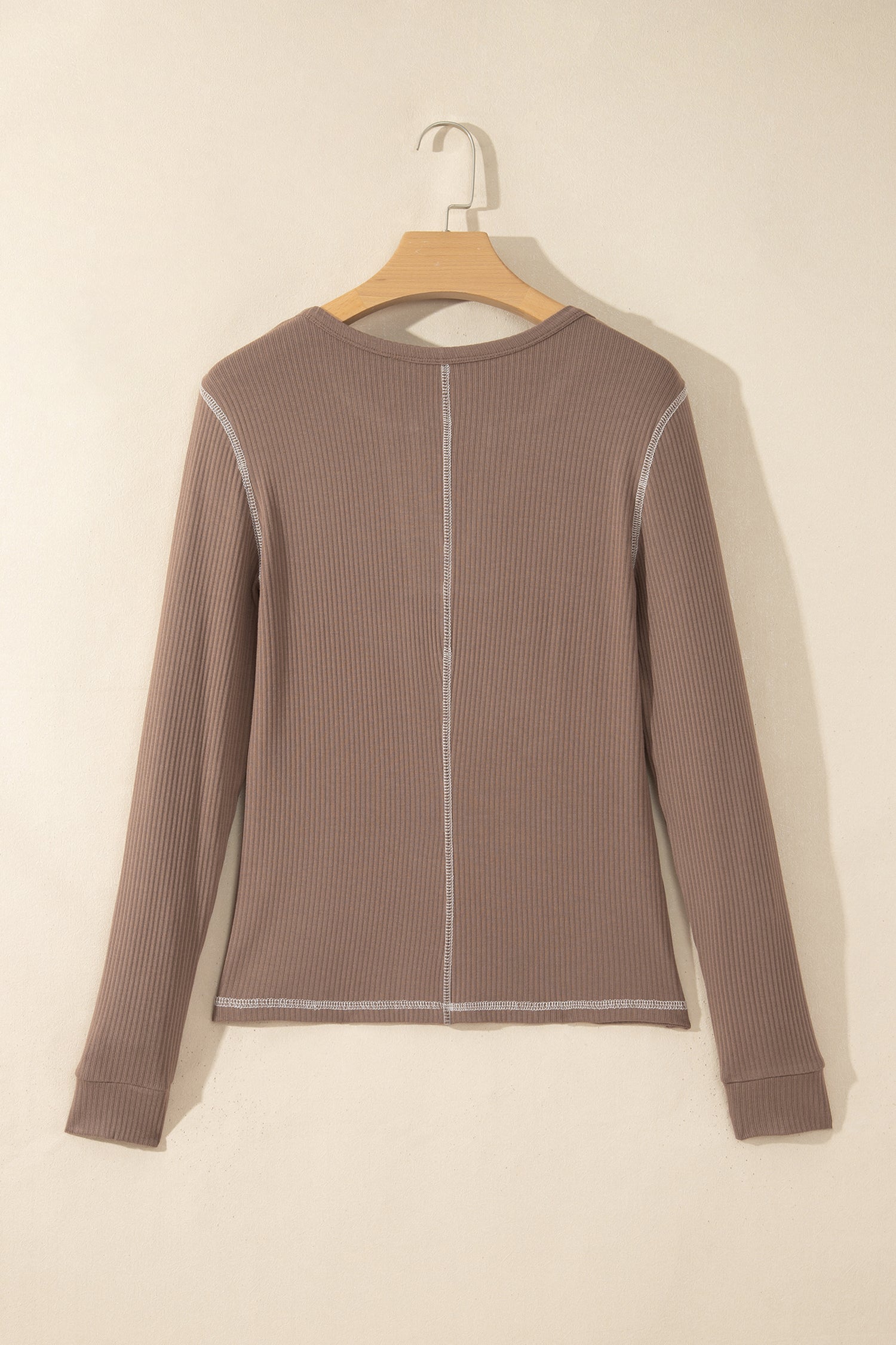 Dark Khaki V Neck Ribbed Stitched Detail Long Sleeve Top