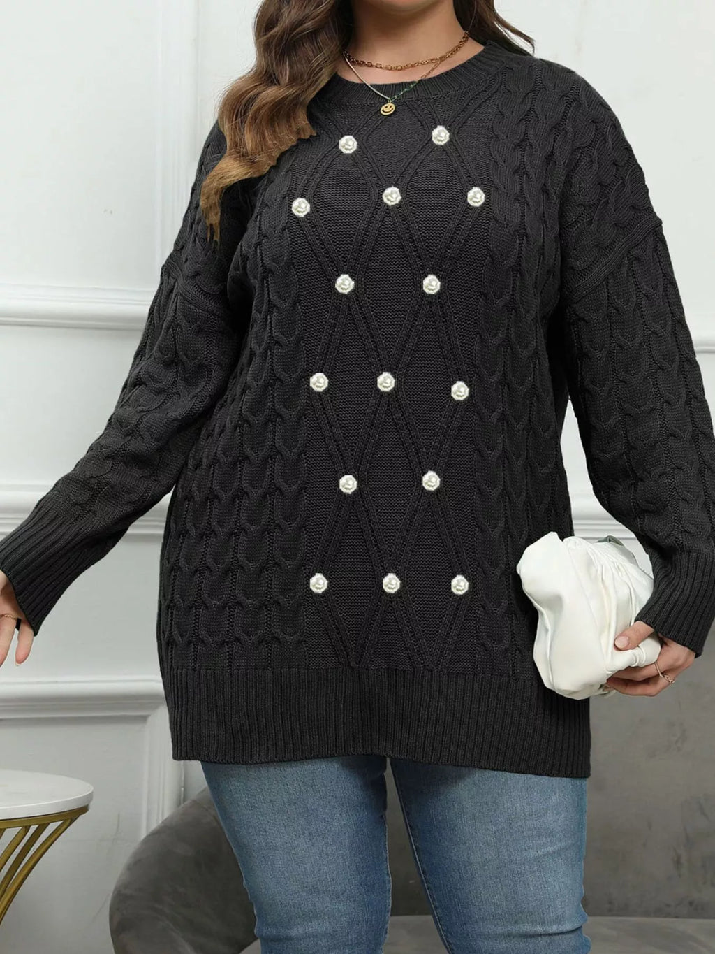 Plus Size Cable Knit Dropped Shoulder Sweater