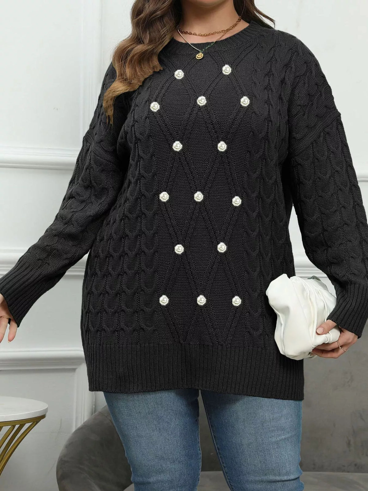 Plus Size Cable Knit Dropped Shoulder Sweater