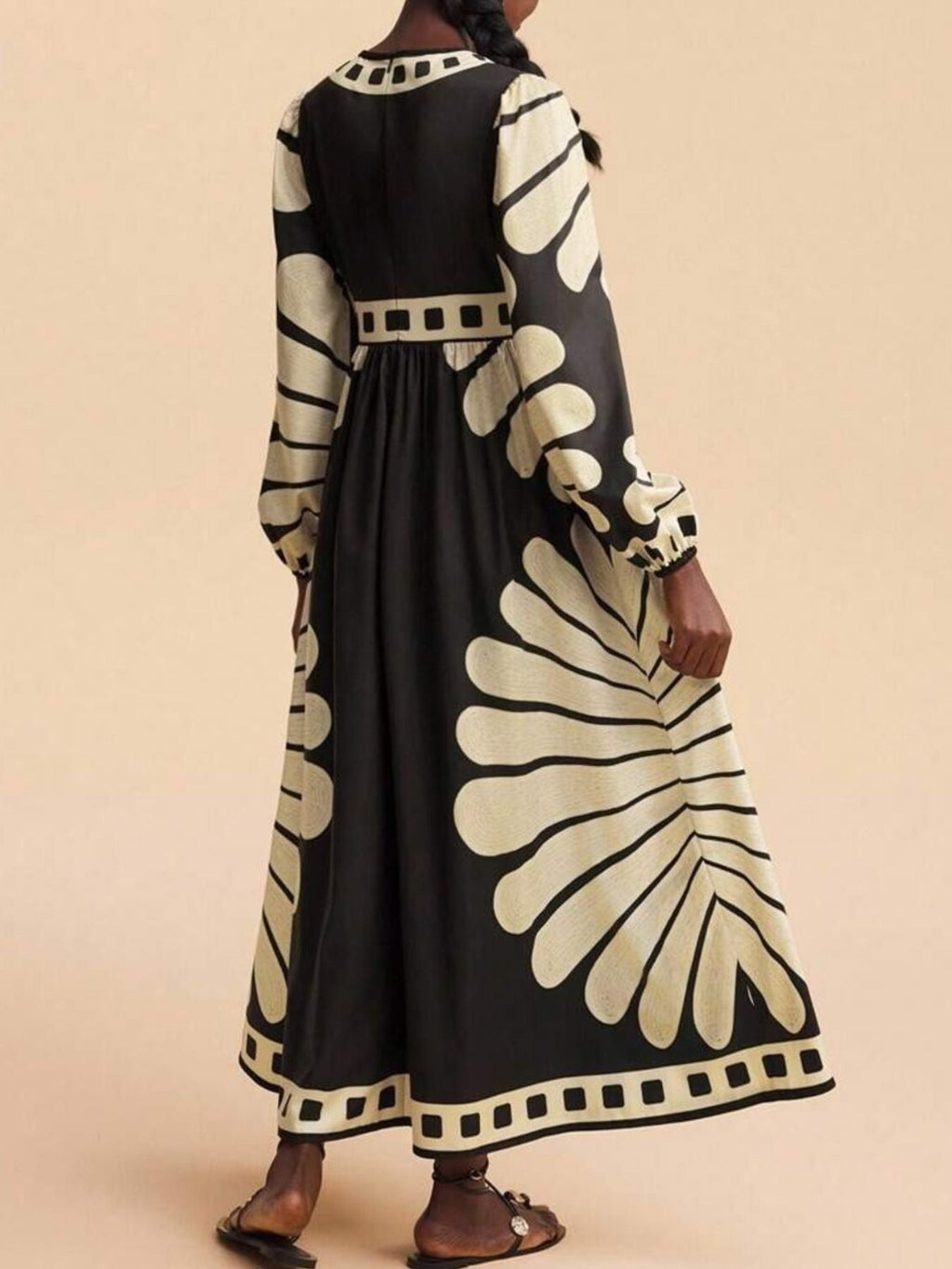 Printed Deep V-Neck Long Sleeve Dress