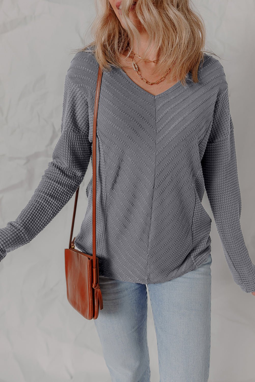 Sleet V Neck Chevron Texture Patchwork Long Sleeve Knit Top