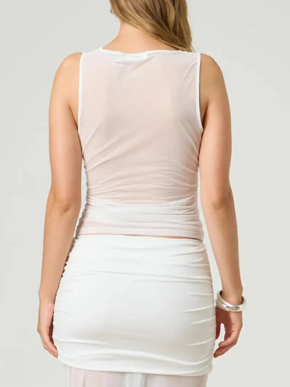 Semi-Sheer Ruched Round Neck Tank Top