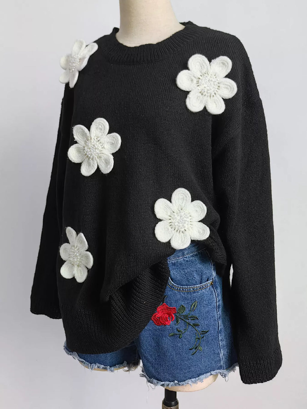 Floral Applique Crew Neck Sweater