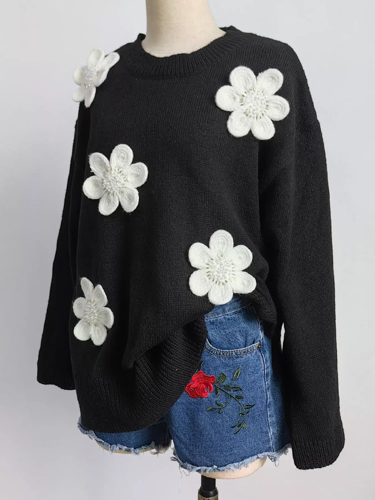 Floral Applique Crew Neck Sweater