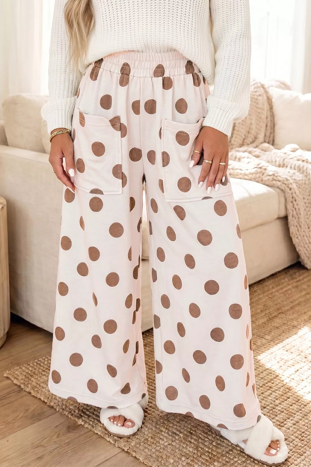 Polka Dot Wide Leg Elastic Waist Casual Pants