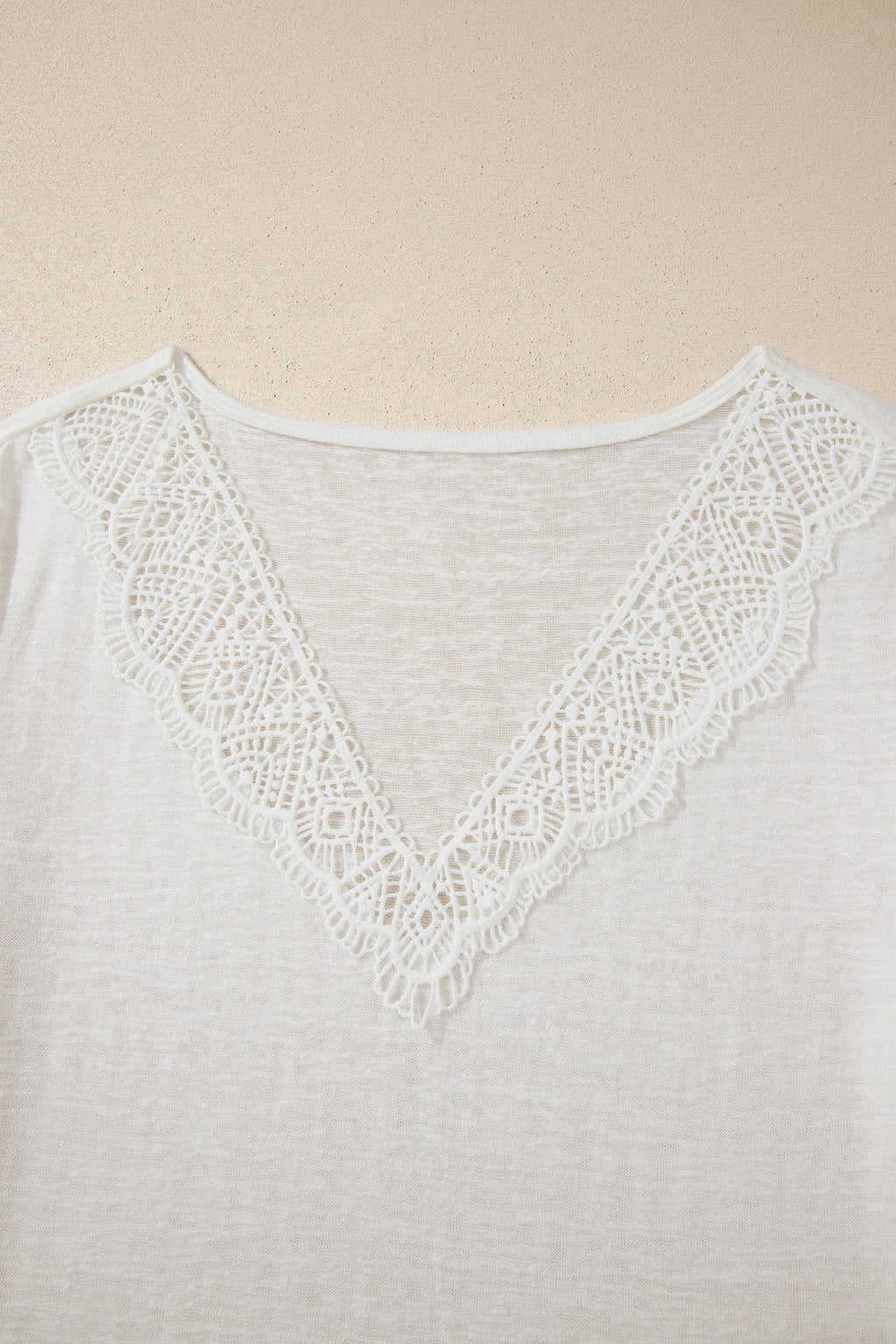 White Hollowed Lace Splicing V Neck T Shirt