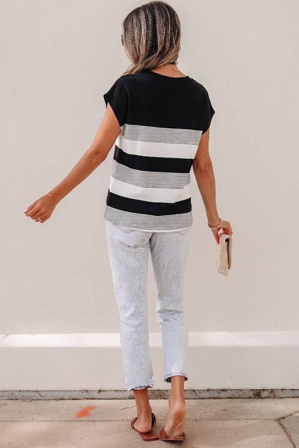 Black Stripe Mixed Print Crew Neck Cap Sleeve T Shirt
