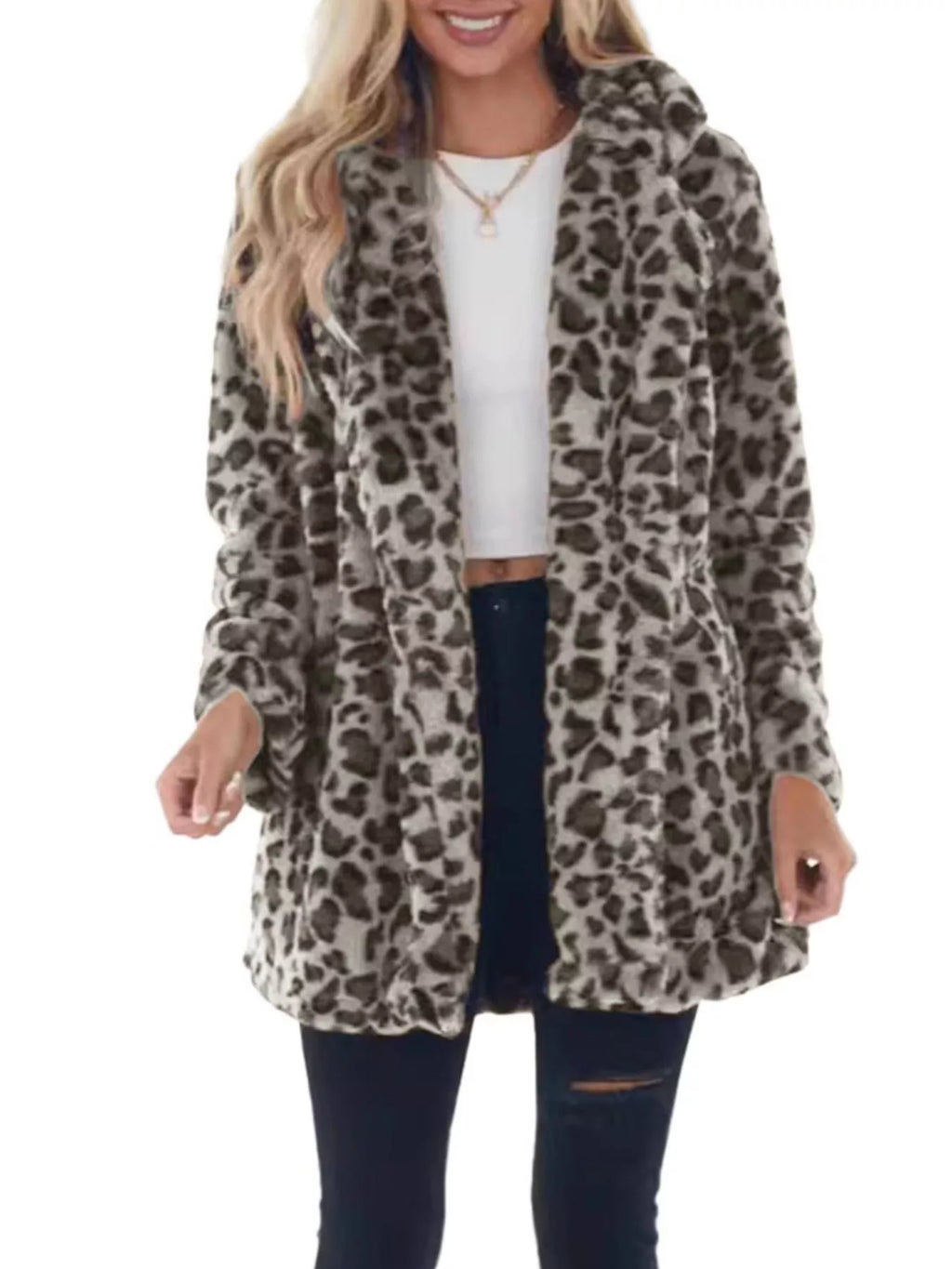 Full Size Leopard Faux Fur Open Front Outerwear Plus Size
