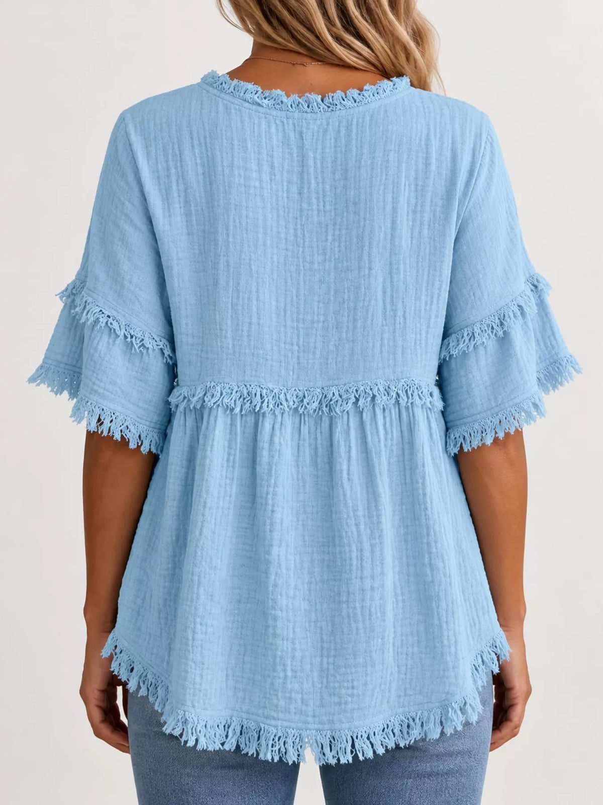 Full Size Frayed Edge Textured Blouse Plus Size