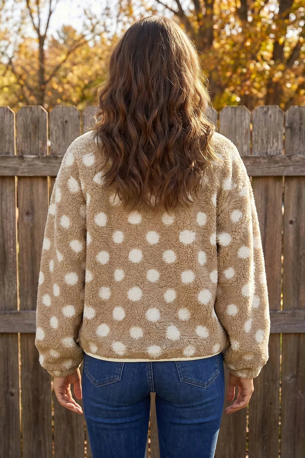 Polka Dot Faux Fur Metal Button Placket Shift Silhouette Jacket
