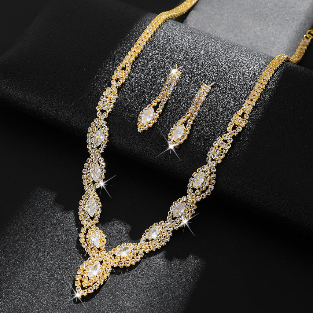 Women 2 Pcs Gold Tone Twisted Marquise Rhinestone Jewelry Set,Necklace And Dangle Earrings,Elegant Bridal Costume Accessories For Wedding Banquet Party Occasion