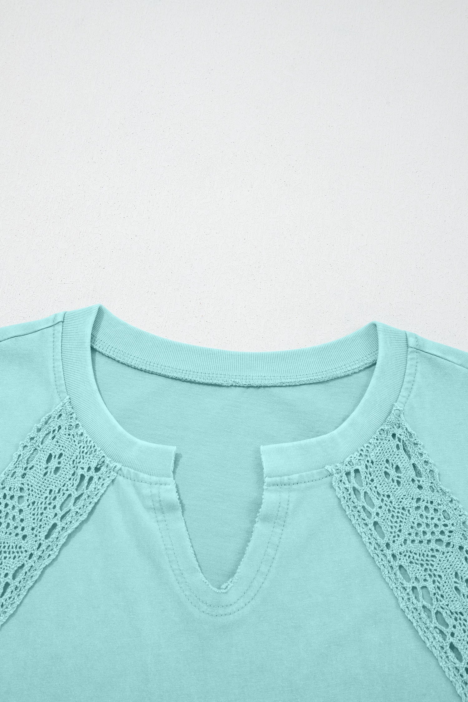 Mint Green Raw Cut Notched Neck Lace Patchwork Detail Mineral Wash Tee