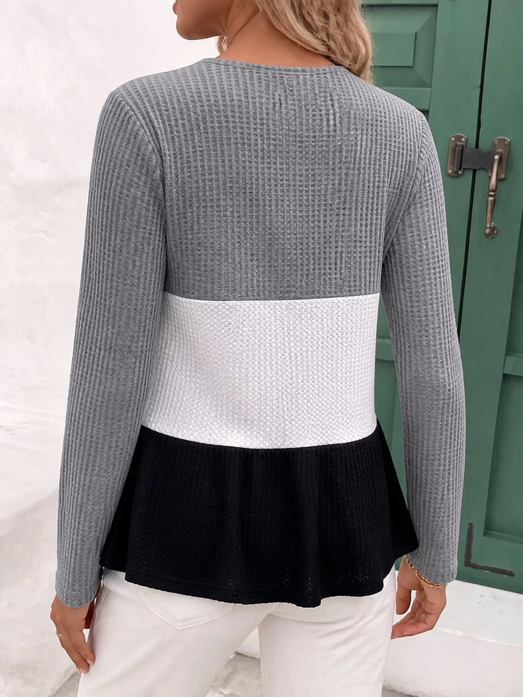 Color Block Waffle Knit Button-Down Cardigan