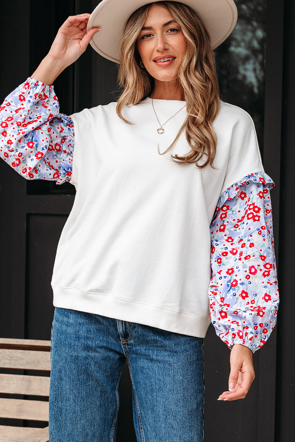 Floral Patchwork Ruffle Balloon Sleeve Blouse
