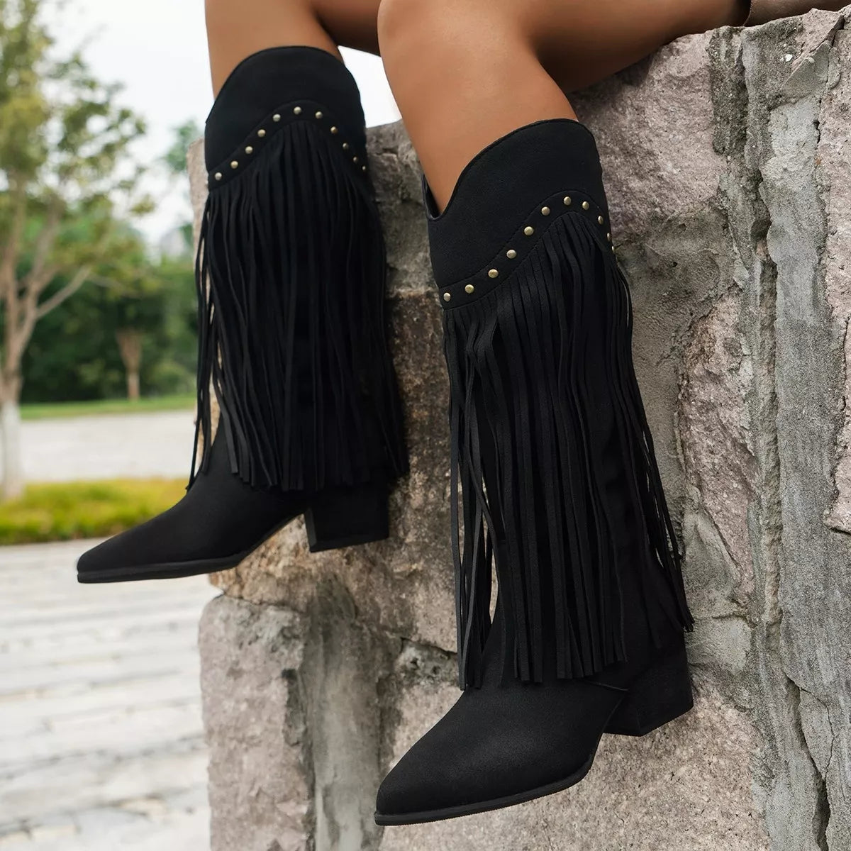 Fringe Point Toe Block Heels Boots