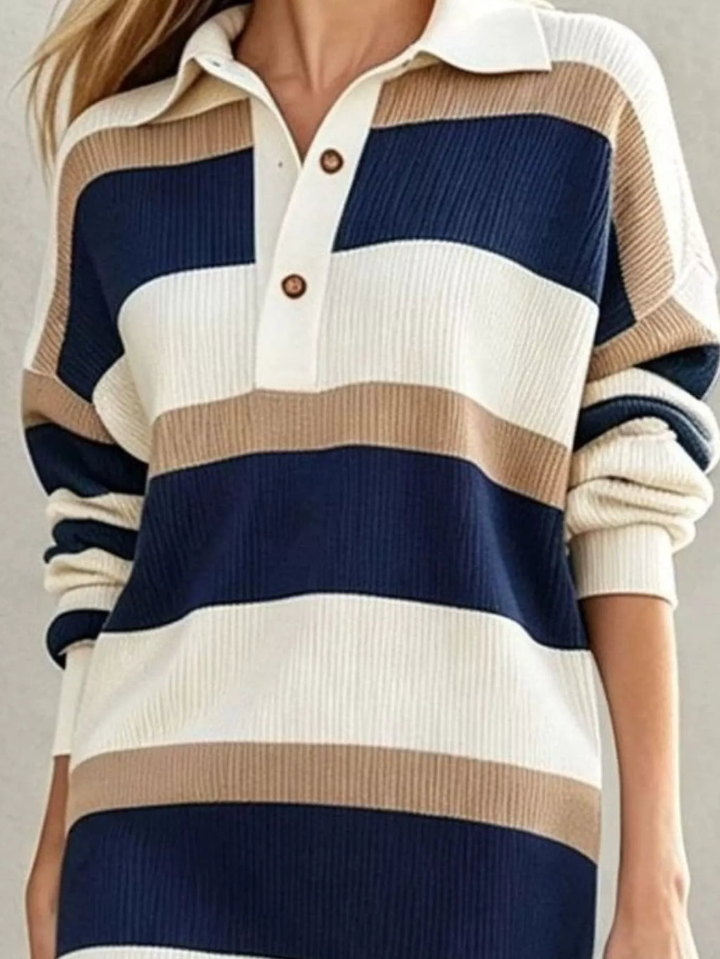 Striped Polo Collar Long Sleeve Sweater Dress