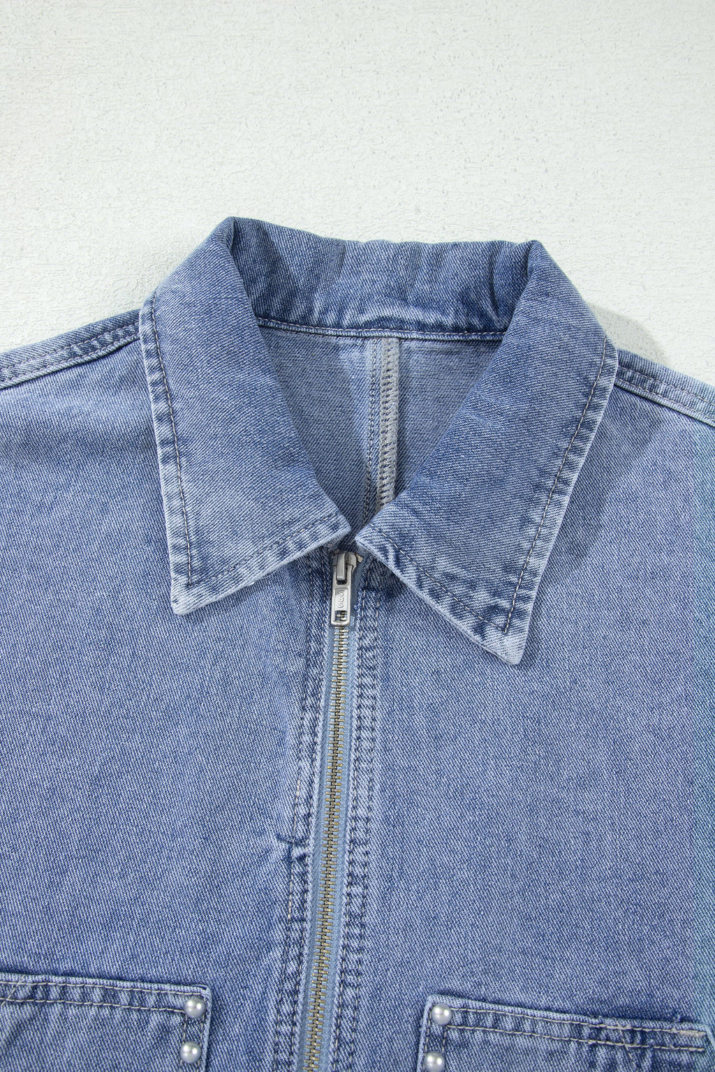 Beau Blue Studded Metal Zipper Rivet Pockets Long Sleeve Denim Jacket