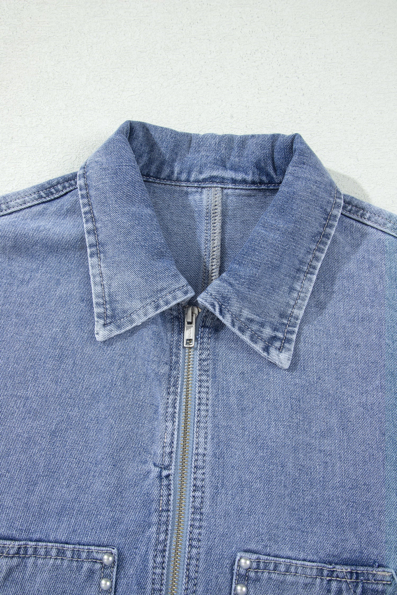 Beau Blue Studded Metal Zipper Rivet Pockets Long Sleeve Denim Jacket