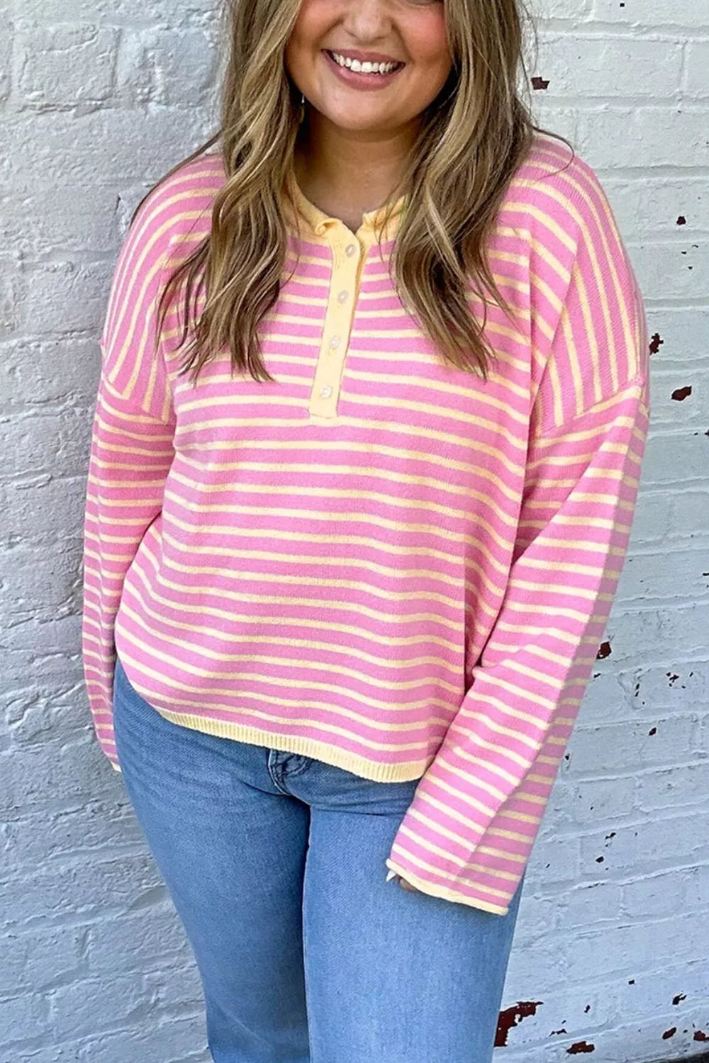 Plus Size Striped Long Sleeve Button Detail Sweater