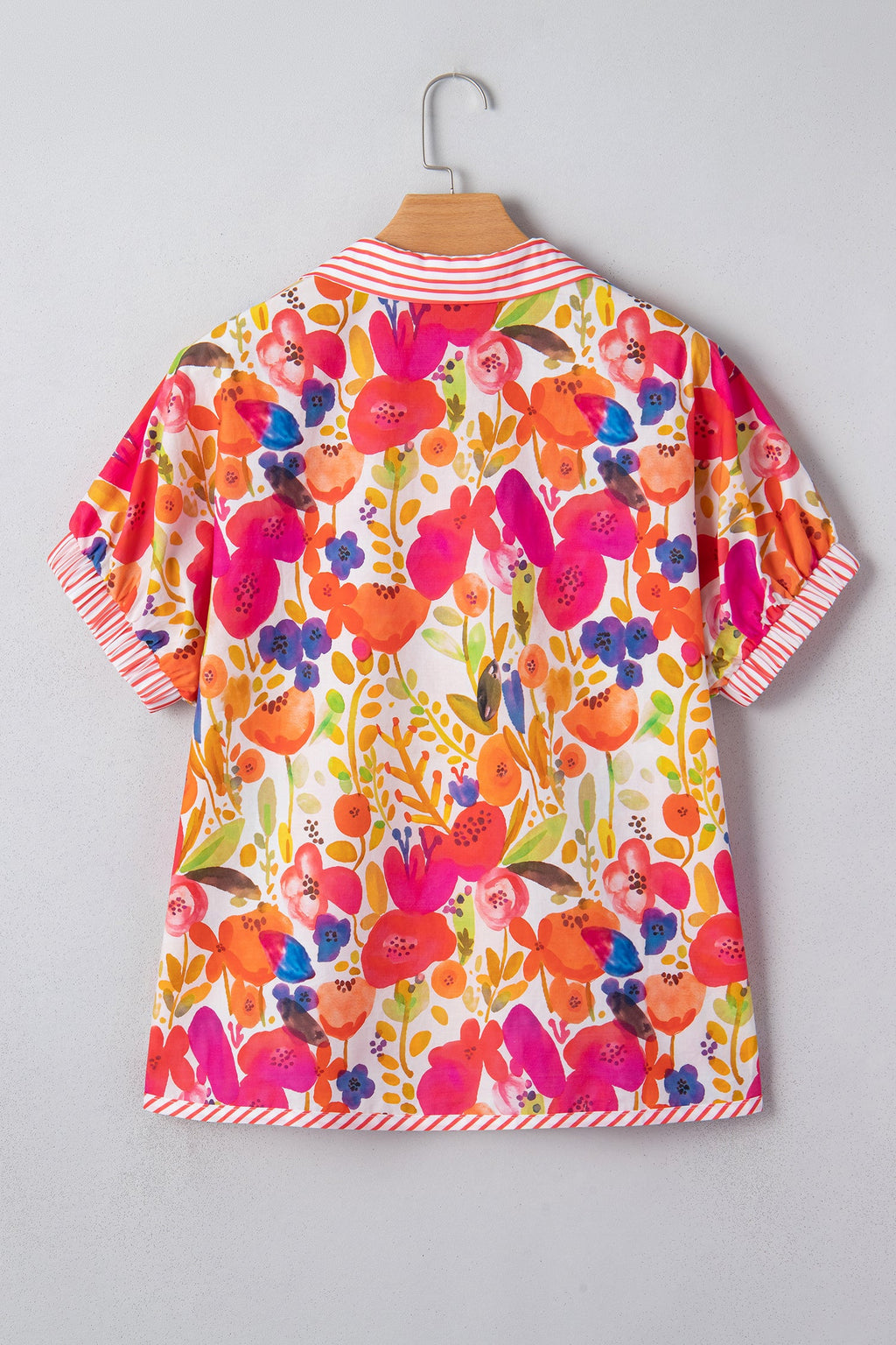 Rose Striped Trim Collared V Neck Short Sleeve Floral Print Blouse