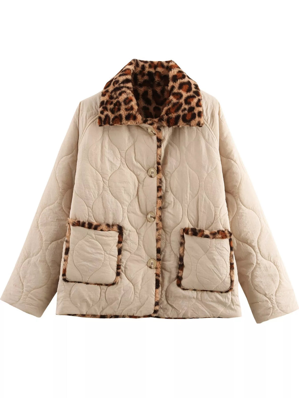 Leopard Faux Fur Trim Quilted Jacket