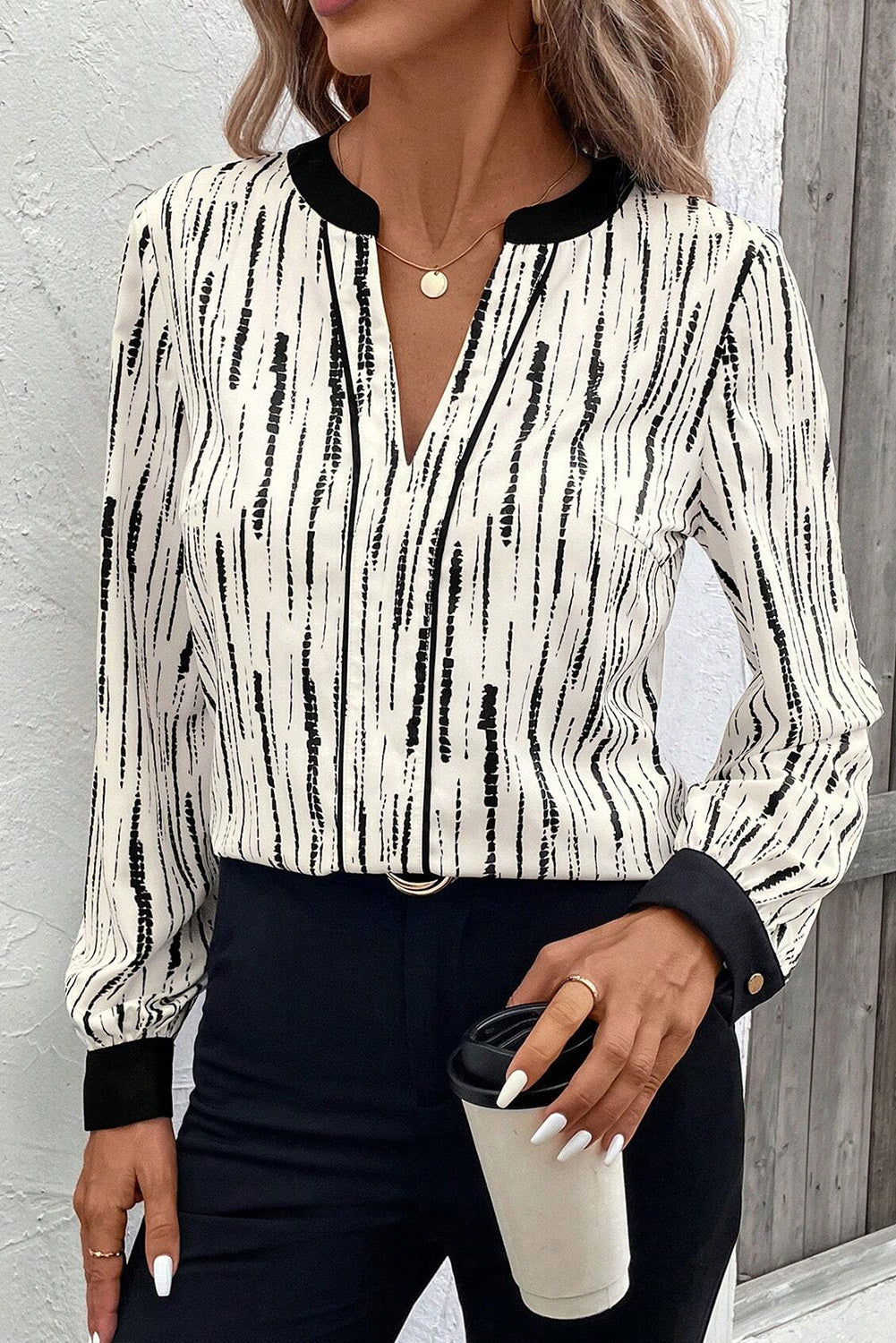 White Abstract Printed V Neck Fall Blouse