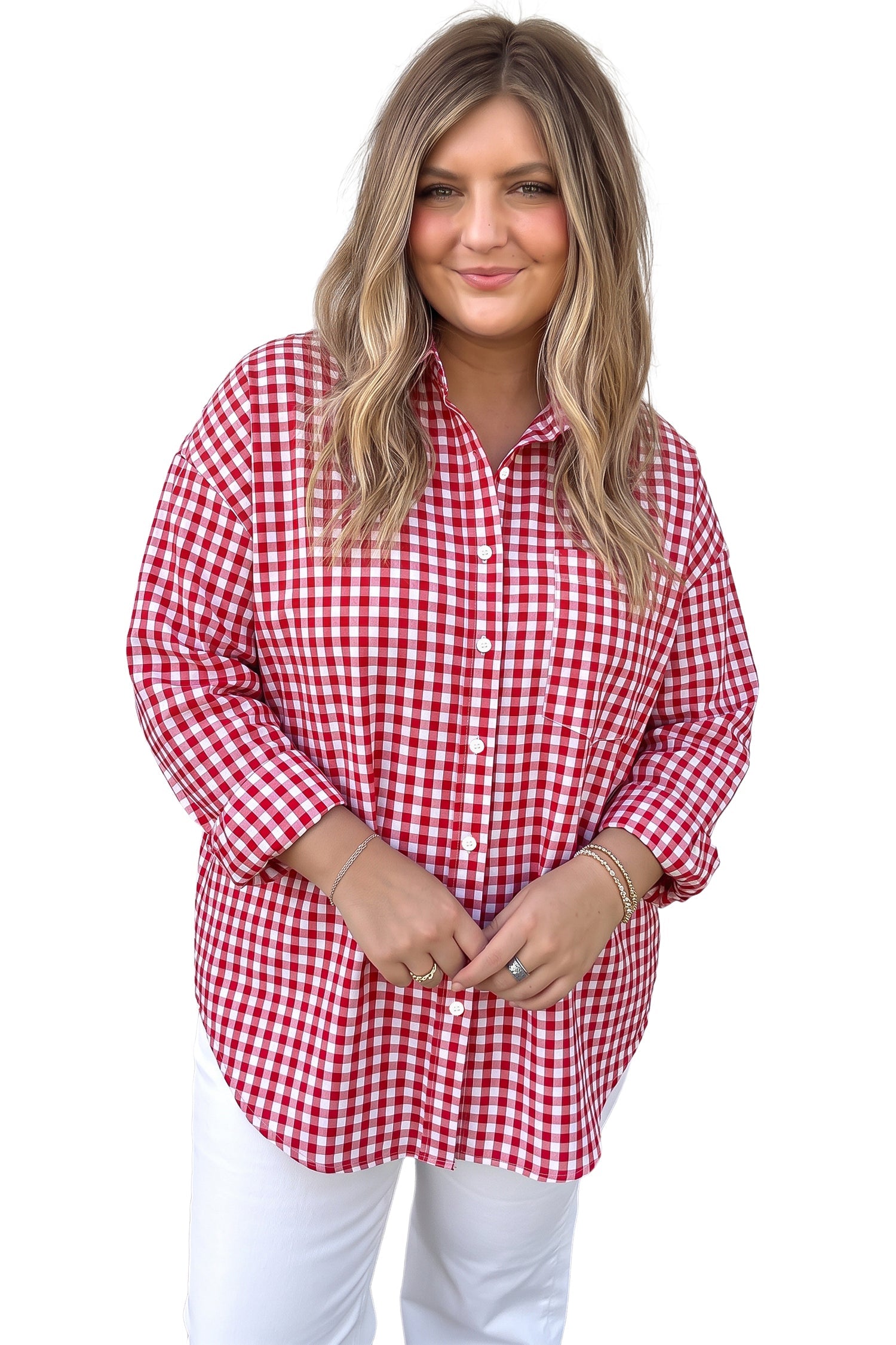 Red Plaid V Neck Long Sleeve Tunic Loose Fit Plus Size Shirt