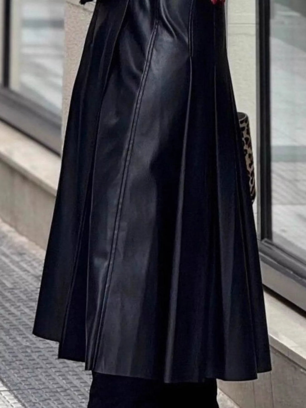 Buckle Detail Faux Leather Midi Skirt