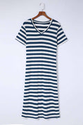 Striped V-Neck Short Sleeve Side Slit Dress