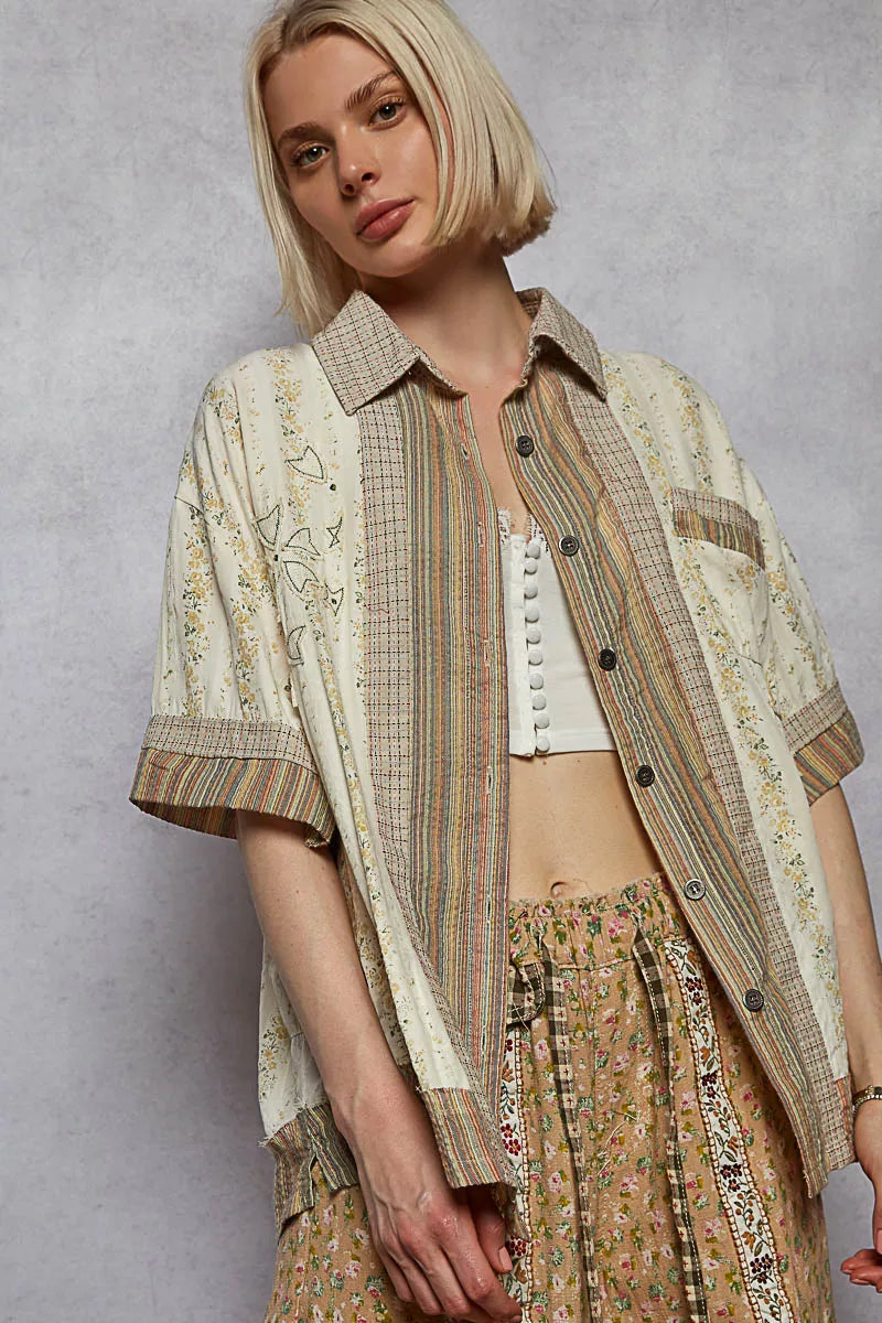 Printed Patchwork Button-Down Short Sleeve Shirt in Cotton
