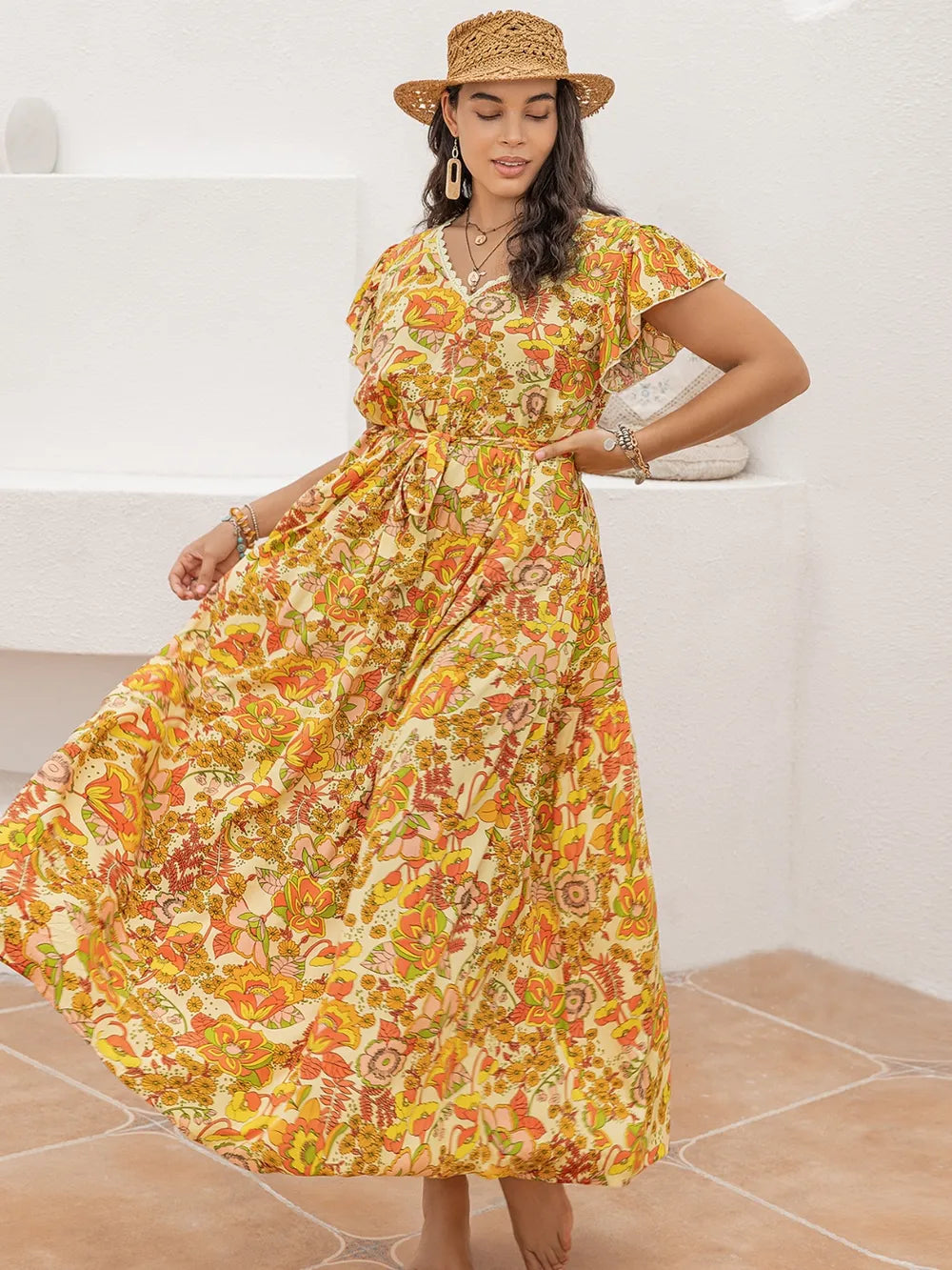 Printed V-Neck Flutter Sleeve Tie Waist Maxi Dress