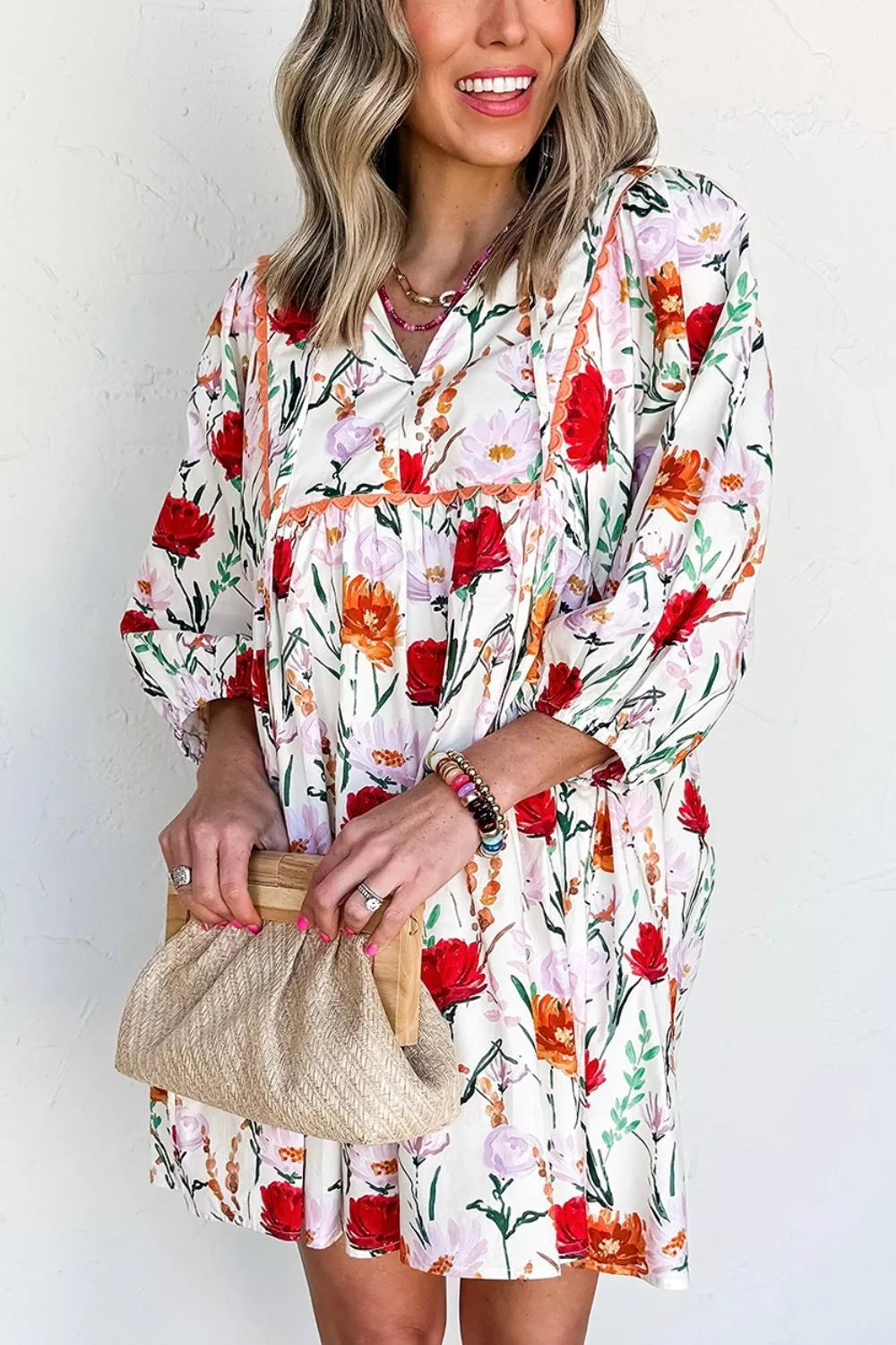 Floral Print 3/4 Puff Sleeve Ricrac Trim Mini Dress