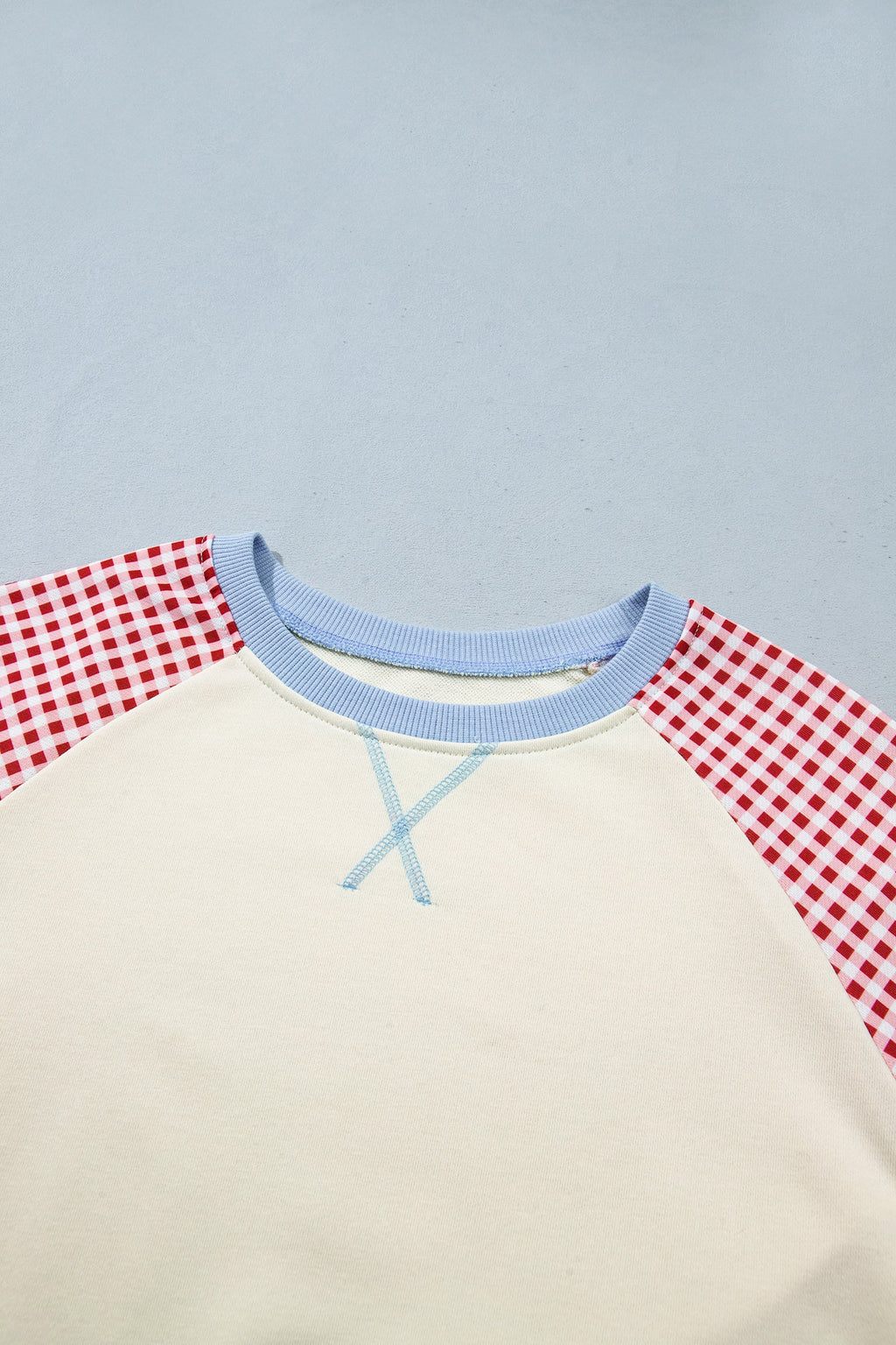 Beige Plaid Sleeve Colorblock Raglan Pullover Sweatshirt