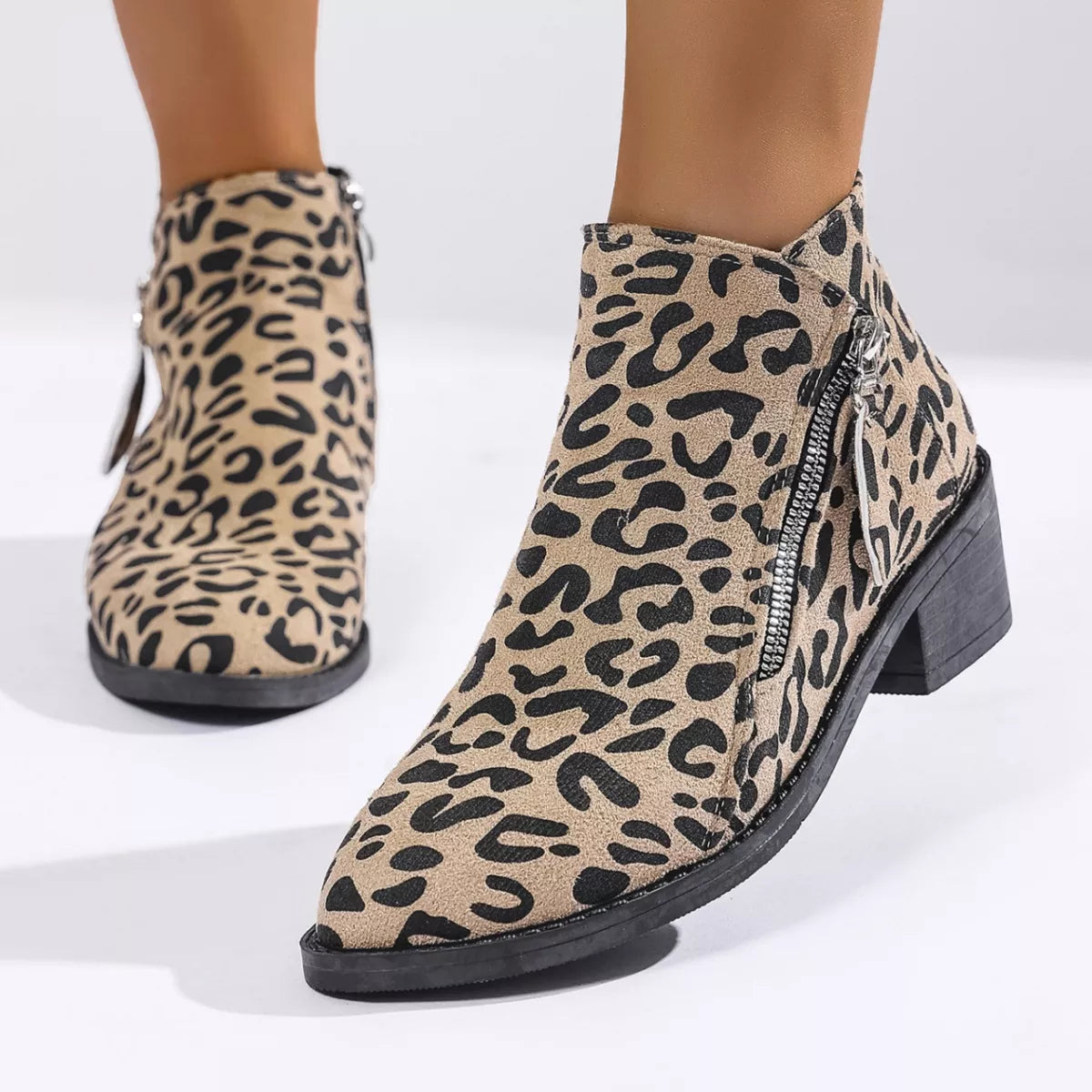 Leopard Block Heel Ankle Boots