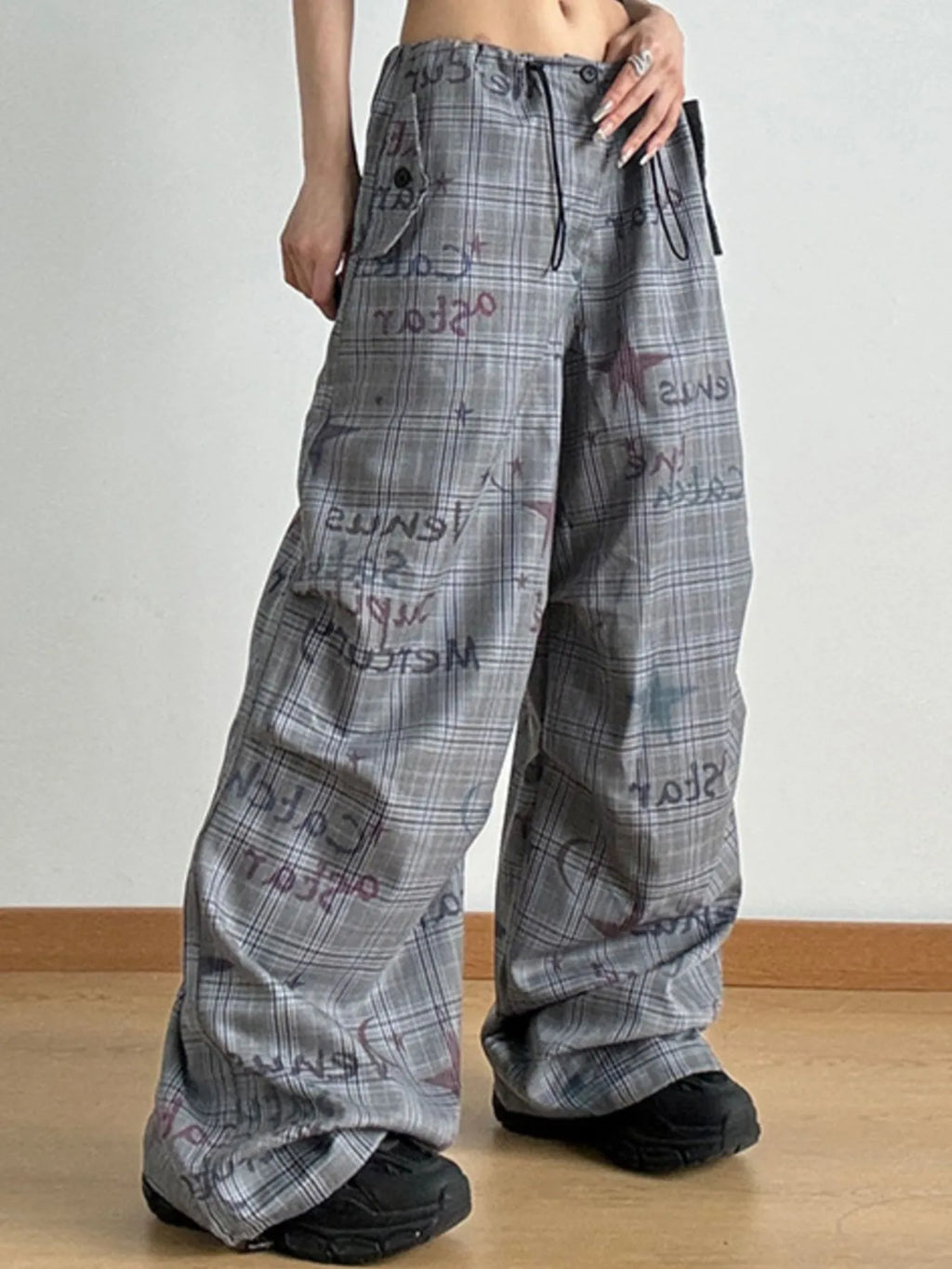 Drawstring Plaid Wide Leg Pants