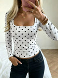 Polka Dot Square Neck Long Sleeve T-Shirt