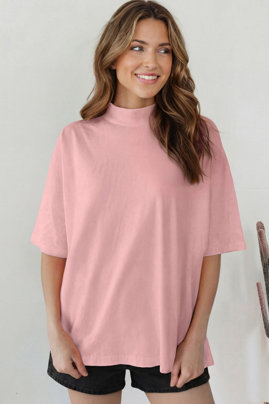 Pink Solid Color High Neck Oversize Tee