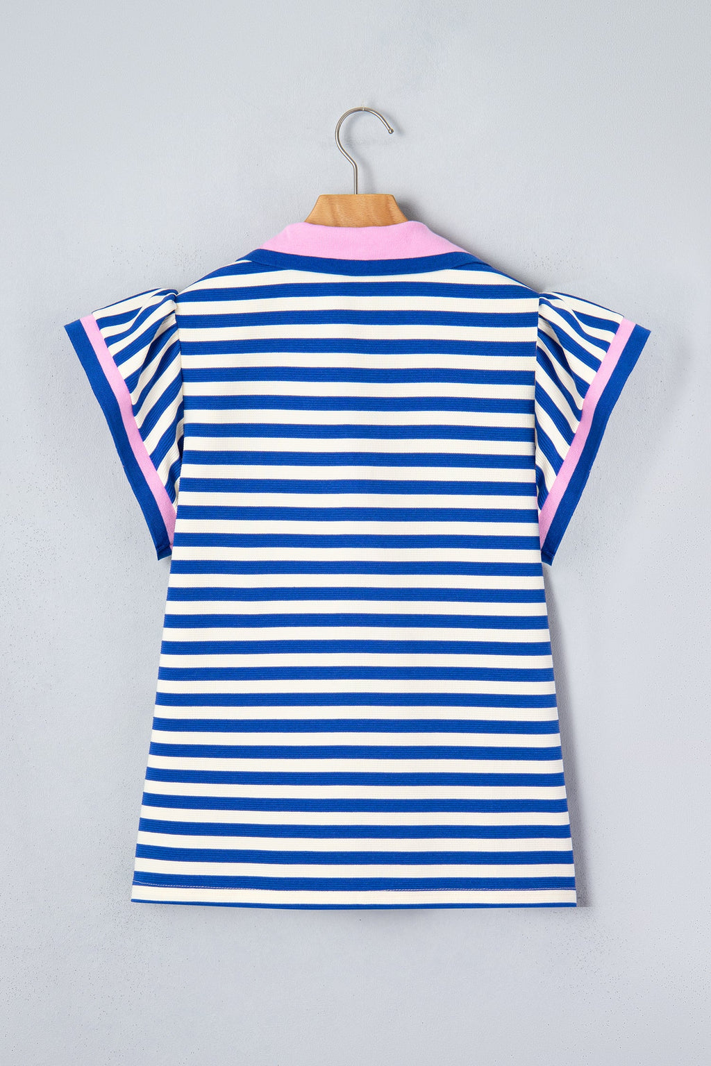 Blue Stripe Contrast Trim Polo Collar Ruffled Short Sleeve Blouse