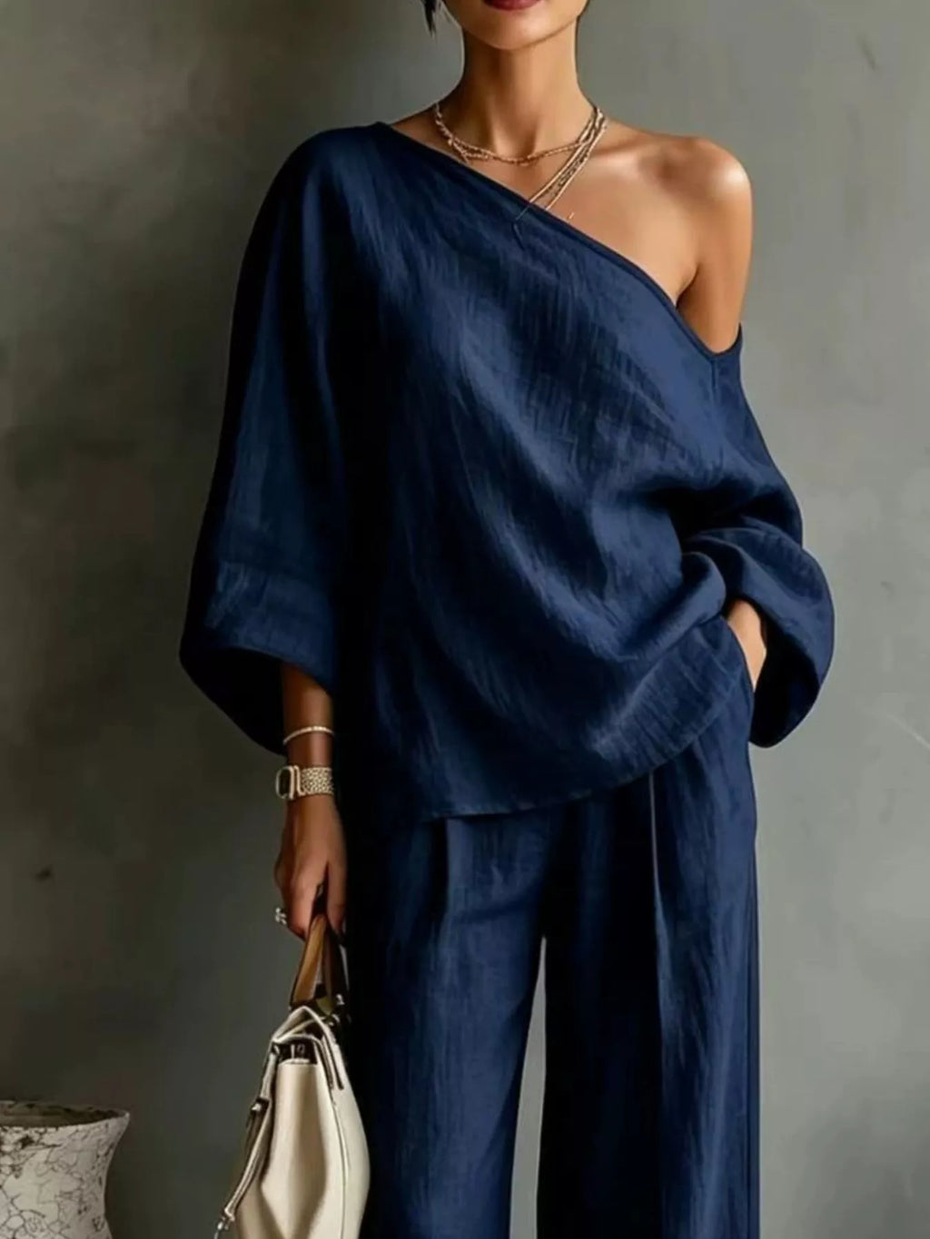One Shoulder Top and Wide Leg Pants Set