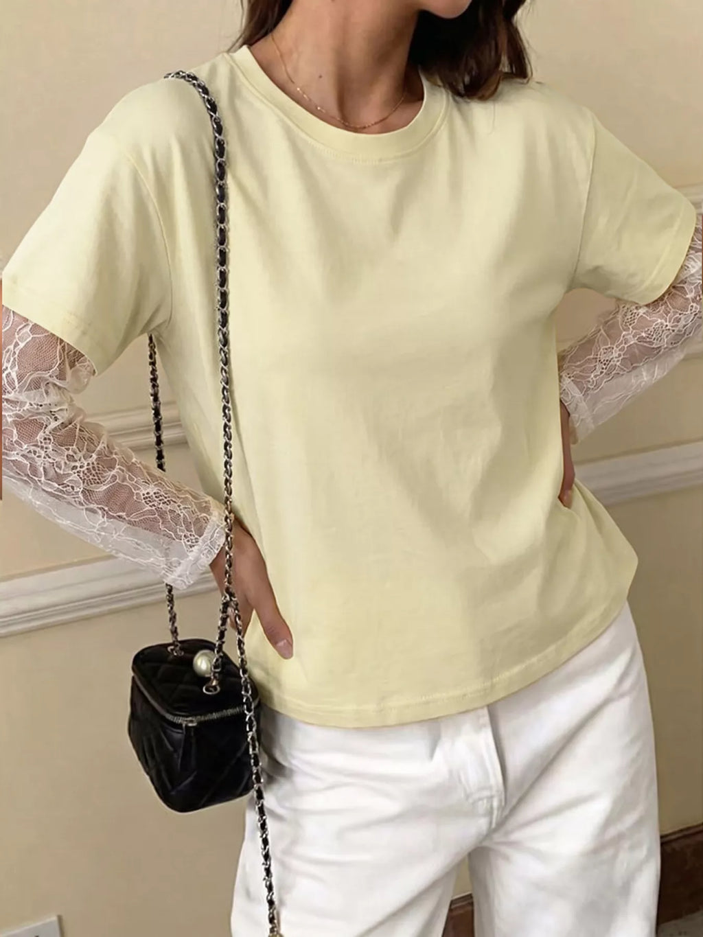 Lace Sleeve Round Neck T-Shirt