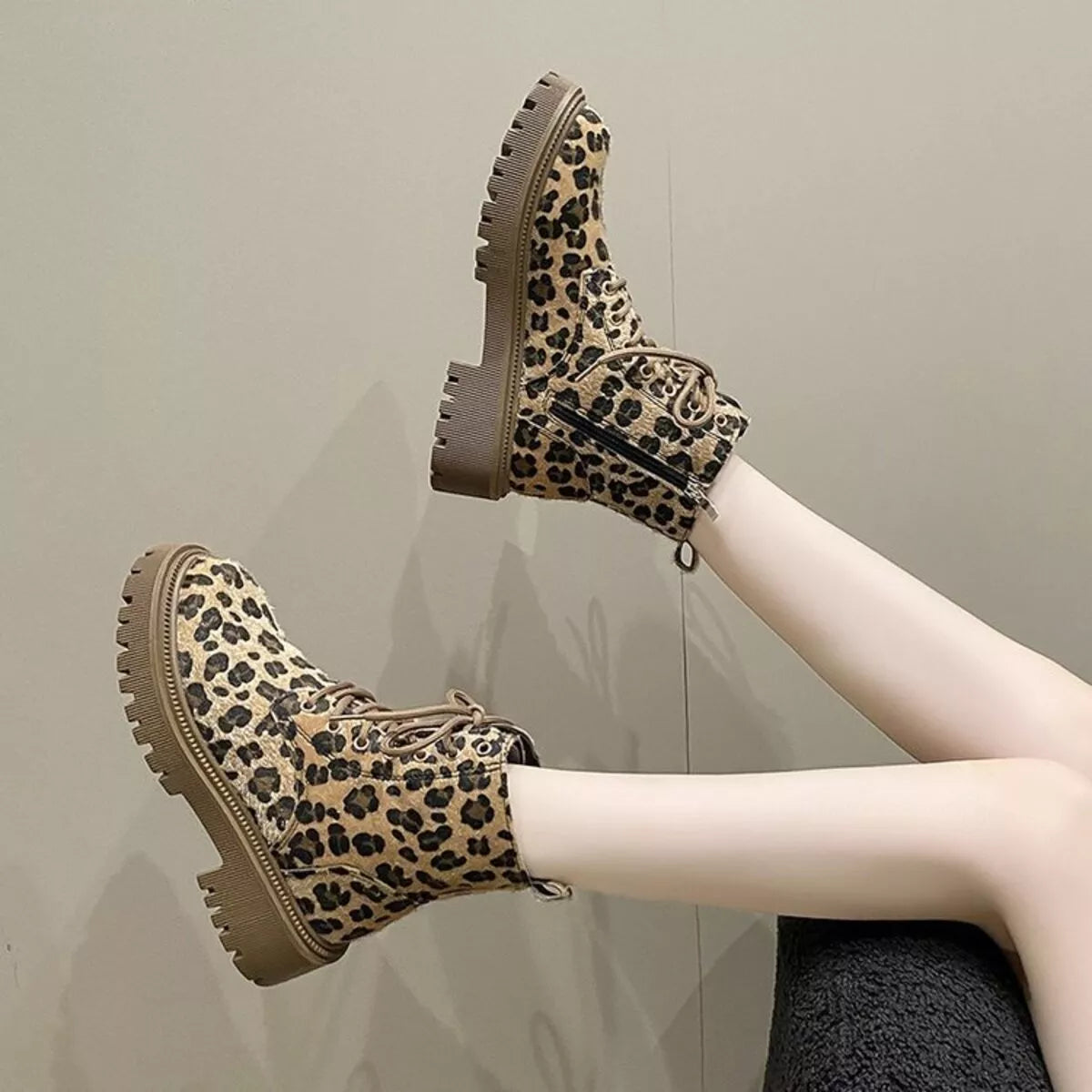 Animal Print Lace-Up Ankle Boots