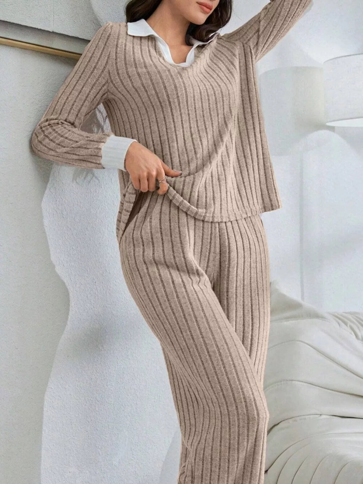 Ribbed Knit Polo Collar Top and Pants Lounge Set