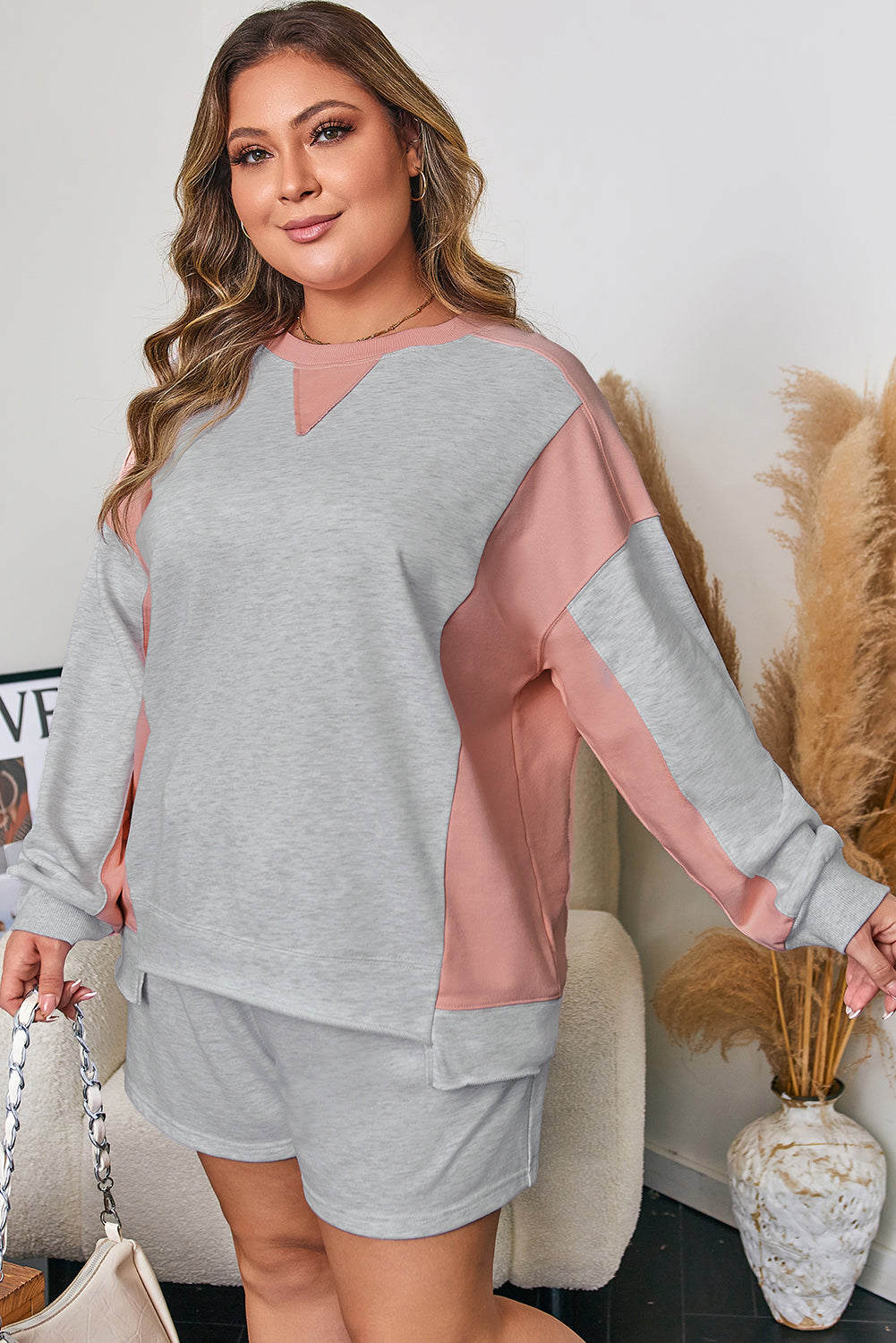 Plus Size Colorblock Pullover and Shorts Set