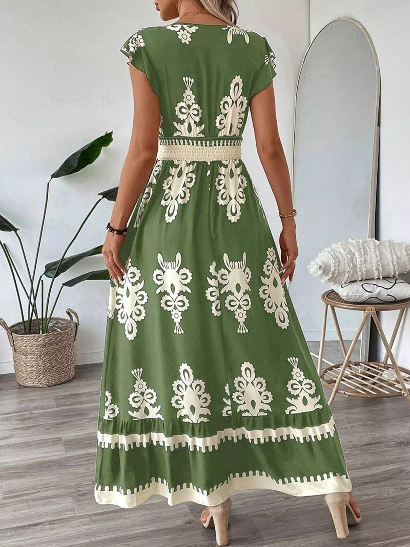 Ruffled Printed V-Neck Maxi Dress