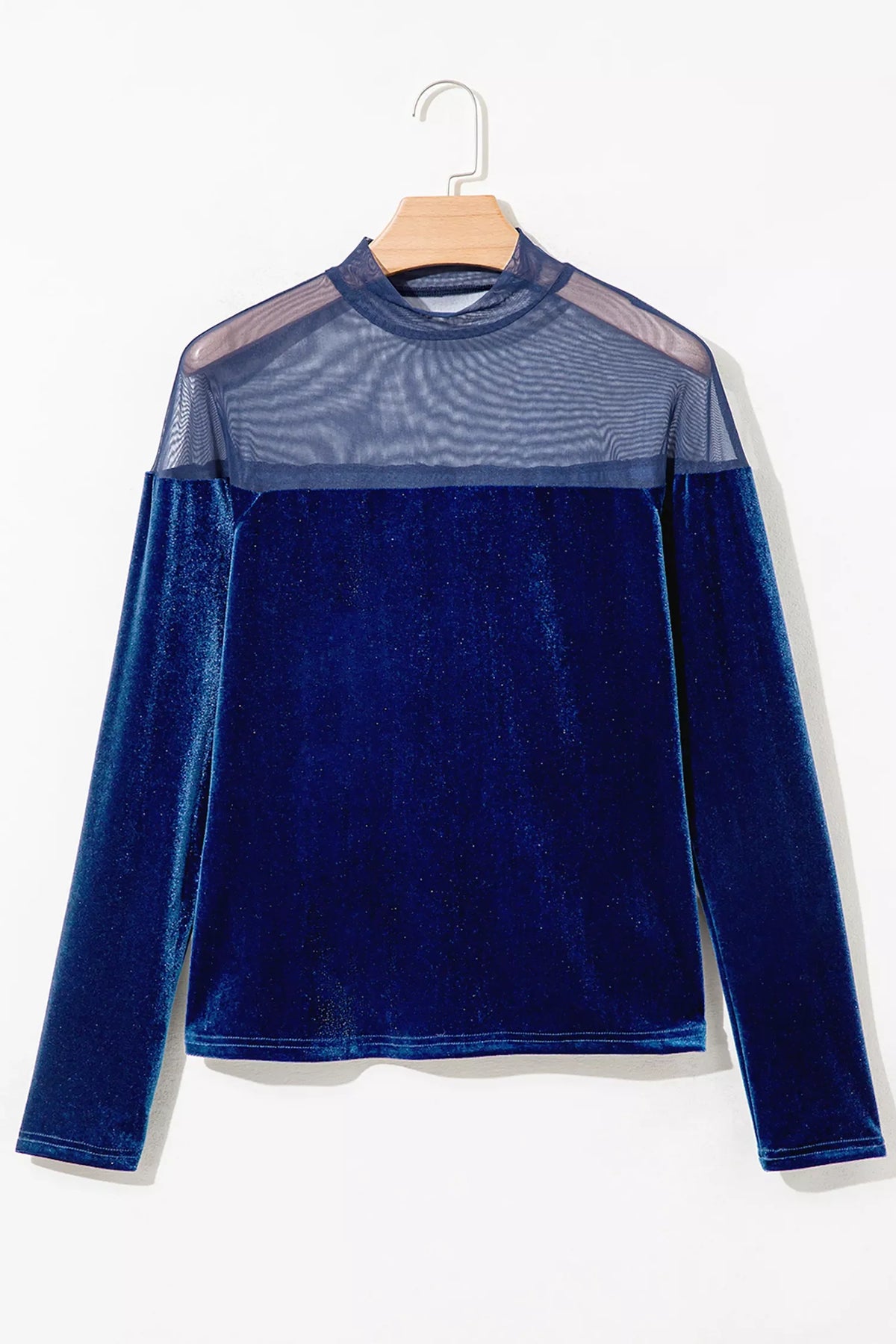 Velvet Long Sleeve Sheer Neck Patchwork Casual Top