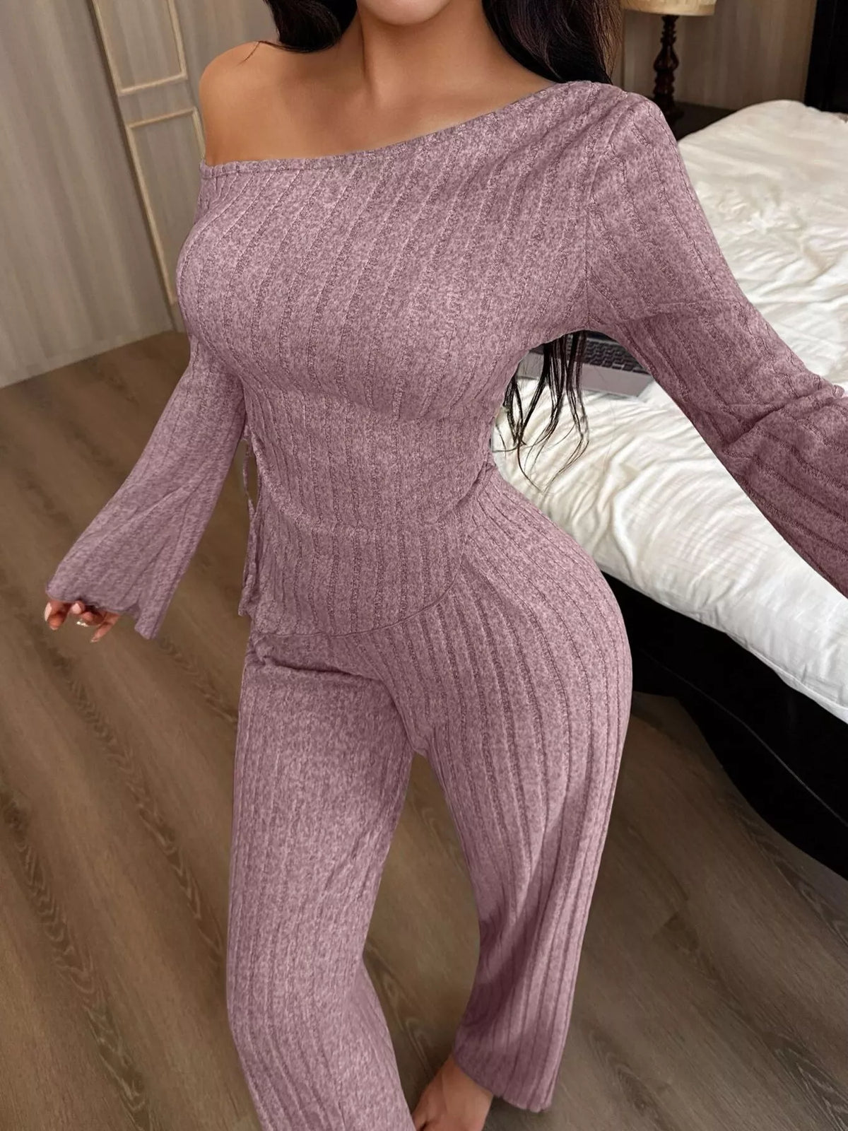 One-Shoulder Ribbed Knit Top and Pants Set