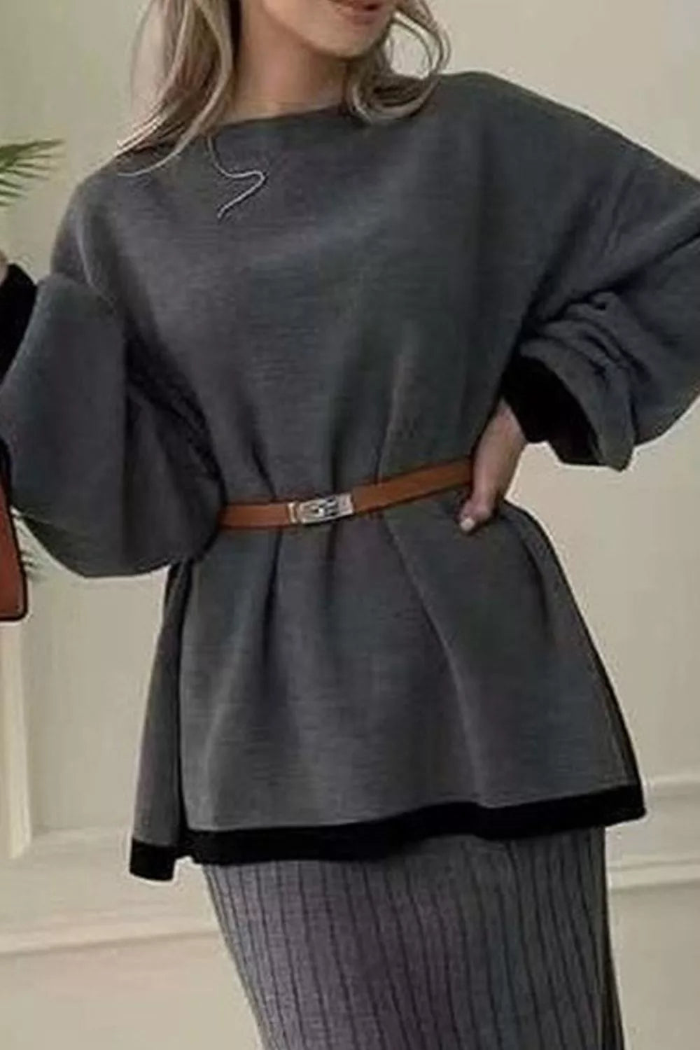 Contrast Trim Ribbed Knit Sweater and Skirt Set