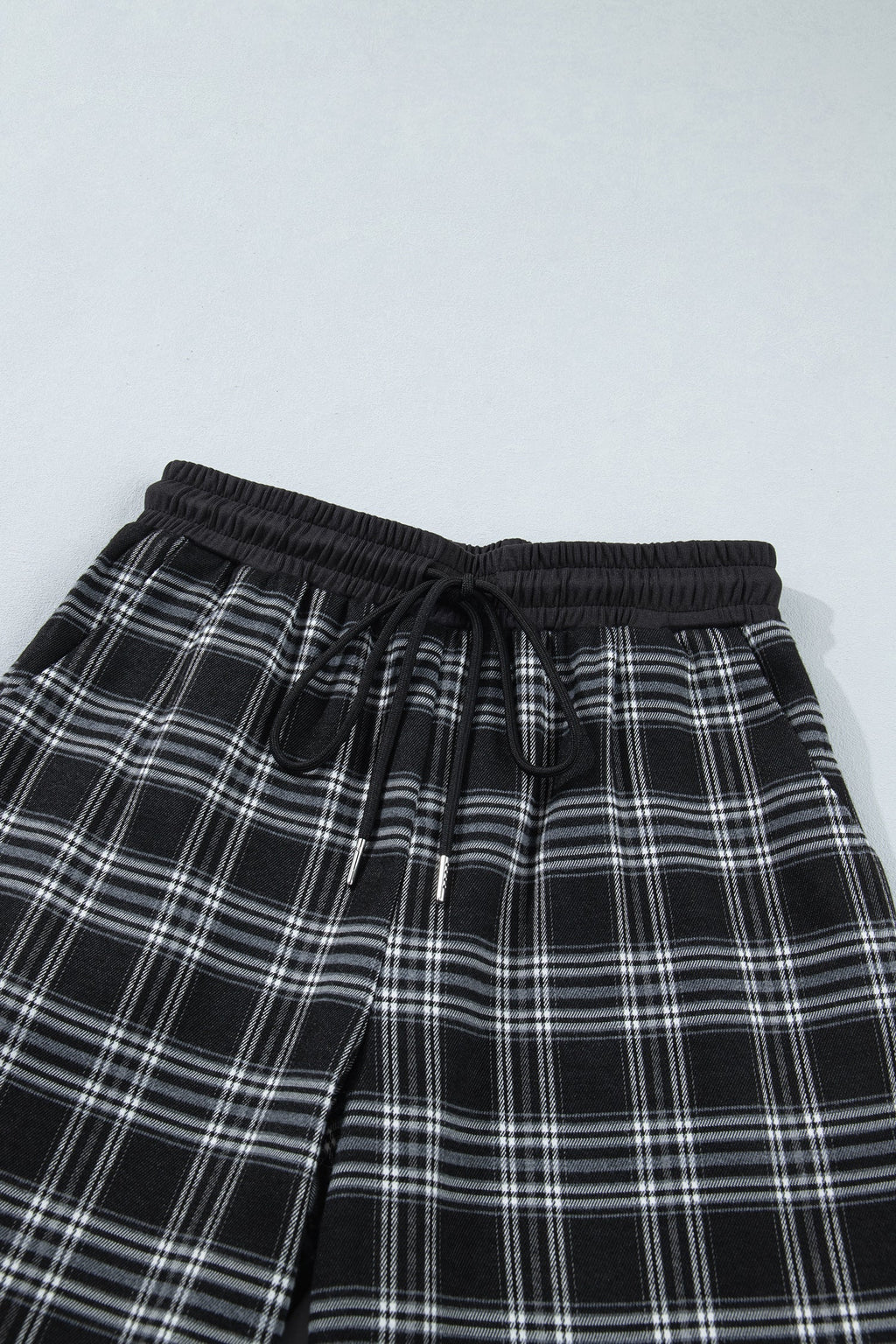 Black Frenchy Plaid Pattern Contrast Drawstring Waist Wide Leg Pants