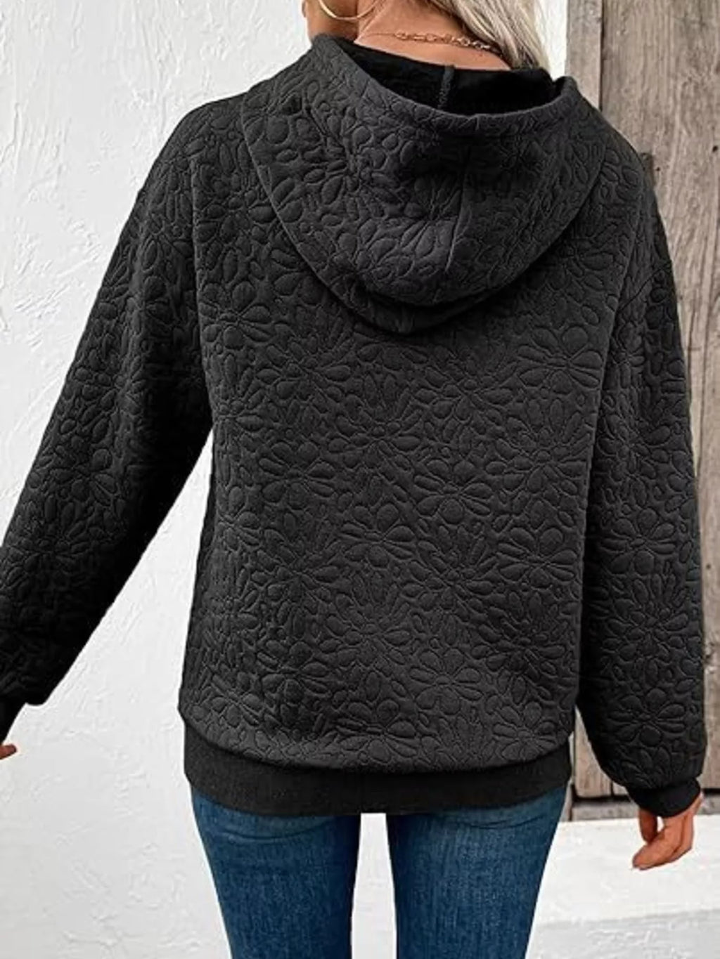 Textured Floral Embossed Drawstring Hoodie
